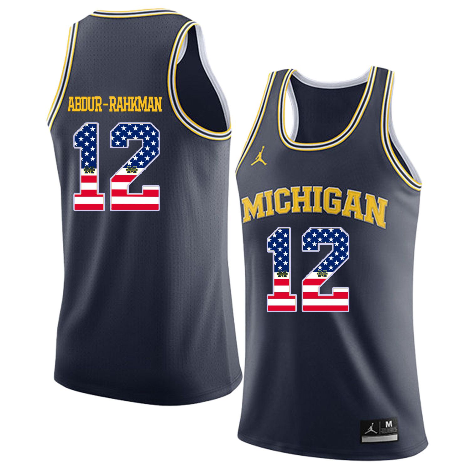 Men Jordan University of Michigan Basketball Navy #12 Abdur-Rahkman Flag Customized NCAA Jerseys